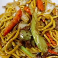 Lo Mein Noodle · Stir-fried lo mein noodles, carrots, onions, Napa and celery with brown sauce.