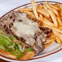 Philly Cheese Steak · Roast beef with melted swiss cheese, grilled onions and peppers on a french roll.
