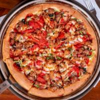 Pan Supreme · A classic combination of sausage, pepperoni, mushrooms, black olives, green peppers and slic...