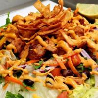Mex Salad · Lettuce, black beans, tomatoes, roasted corn, carrots, red onions, cilantro flakes, cheddar ...