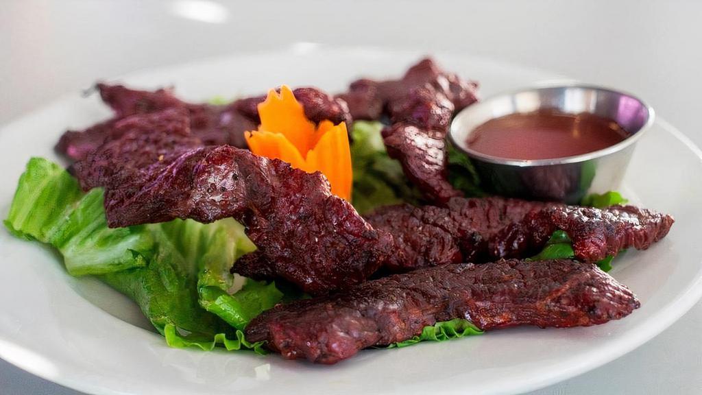 Ap2 Thai Style Beef Jerky · Beef tenderloin marinated in Thai spices & dried over slow heat