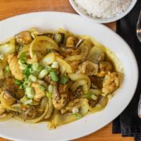 #38 Pattaya Shrimp · Stir-fried in yellow curry with onions & mushrooms.
