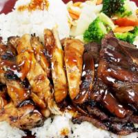 Teriyaki Chicken & Beef · Served with rice.