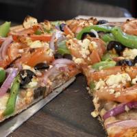 The Aretha Franklin (Veggie) · Red Sauce, Bell Pepper, Onion, Olives, Mushrooms, Sliced Tomatoes, Feta Cheese.