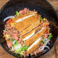 Crispy Chicken Salad · Crispy romaine lettuce, topped with all natural crispy Parmesan chicken breast, applewood ba...
