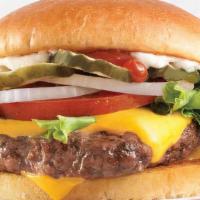 #4. Cheeseburger (1020-1500 Cal) · 1/3 lb. cheeseburger with
lettuce, tomato and pickle,
plus choice of side and
large soft dri...