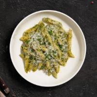Pesto Party Pasta (Penne) · Fresh basil leaves, garlic, grated parmesan cooked with penne.