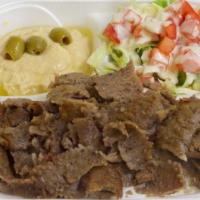 Gyro Plate · Roasted beef and lamb on a vertical spit. Served with hummus, salad, rice, pita bread, and c...