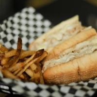 Chicken Philly · shaved chicken breast, wit (grilled onions), choice of white american, provolone or wiz (che...