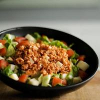 Buffalo Chicken Salad · shaved chicken breast, provolone cheese, buffalo sauce, on romaine with cucumbers, and tomat...
