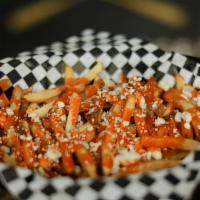 Buffalo Fries Basket · fresh cut fries topped with Buffalo Sauce and Crumble of Blue cheese