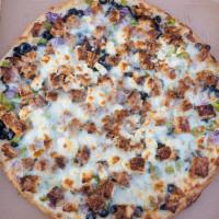 Chicken Shawarma Pizza - Large Special Pizza · Chicken shawarma, green pepper, onion, black olives, and 3 types of cheese.
