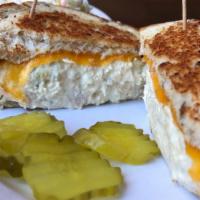 Albacore Tuna Melt · White albacore tuna mixed with celery, relish, & mayo topped with provolone & cheddar on gri...