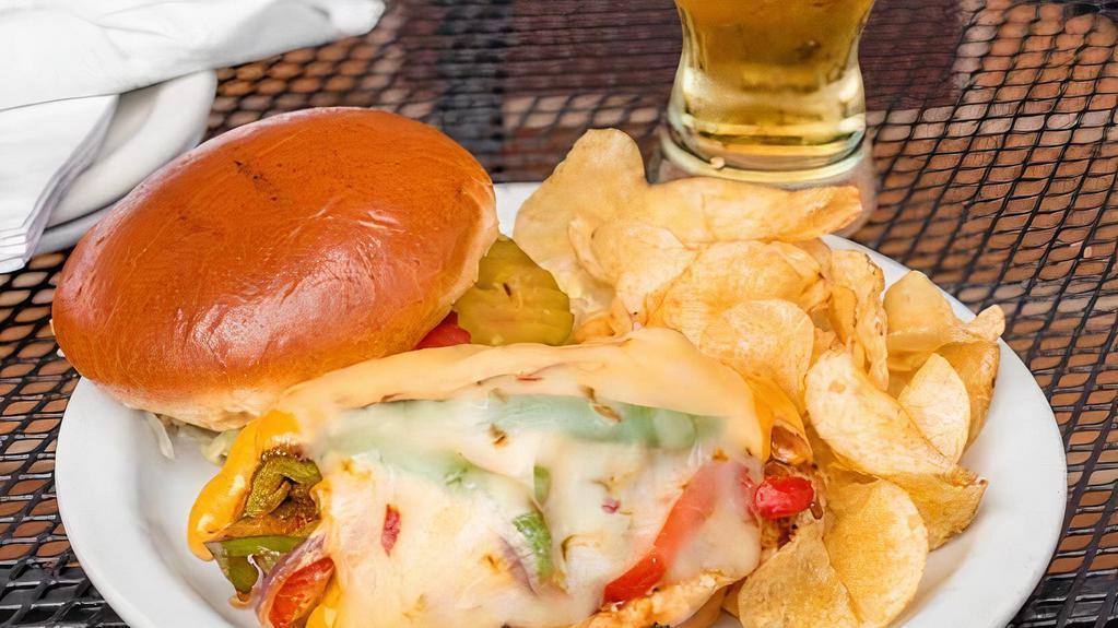 Diablo Chicken Sandwich · Grilled & cajun rubbed all white meat chicken breast topped with roasted red and green peppers, grilled onions, pepper jack cheese and sriracha mayo.