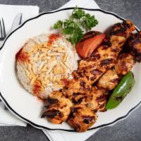 Chicken Kabob · A shish tawook skewer, served with rice and soup or salad