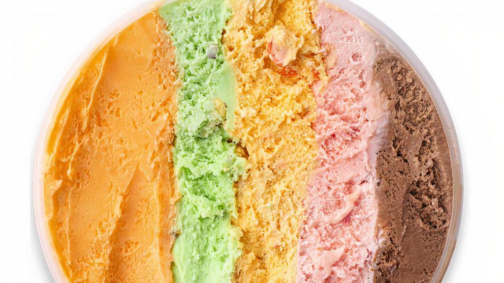 Rainbow Quart · Quart of the Rainbow Cone flavors Chocolate / Strawberry / Palmer House / Pistachio / Orange Sherbet *Palmer House and Pistachio Contain Nuts*