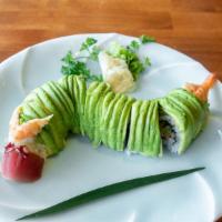 Caterpillar Special Roll · BBQ eel, crab salad, and cucumber topped avocado with cooked shrimp with sweet eel sauce.