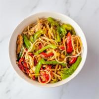 Thai Sweet Chili Noodle Bowl · Your choice of protein with rice noodles, green onions, water chestnuts, green peppers, jala...