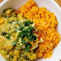 Vegetable & Chickpea Curry · Coconut Milk, Carrots, Kale, Onions, Sweet Potatoes & Pineapple Pickle, Over Yellow Rice (Ve...