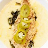 Fish & Grits Bowl · 1/4 lb Catfish, Cheese Grits, Collard Greens w/Smoked Chicken & Pickled Hot Peppers