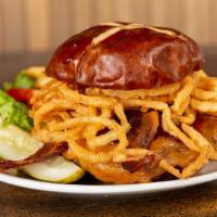 *Bbq Bacon Burger · WI cheddar cheese, BBQ sauce, haystack onions, pretzilla bun.