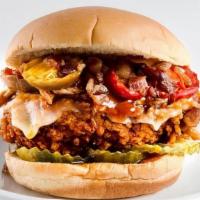 The Fire Bird · Crispy chicken with pickled peppers and spicy chipotle mayonnaise on a toasted bun