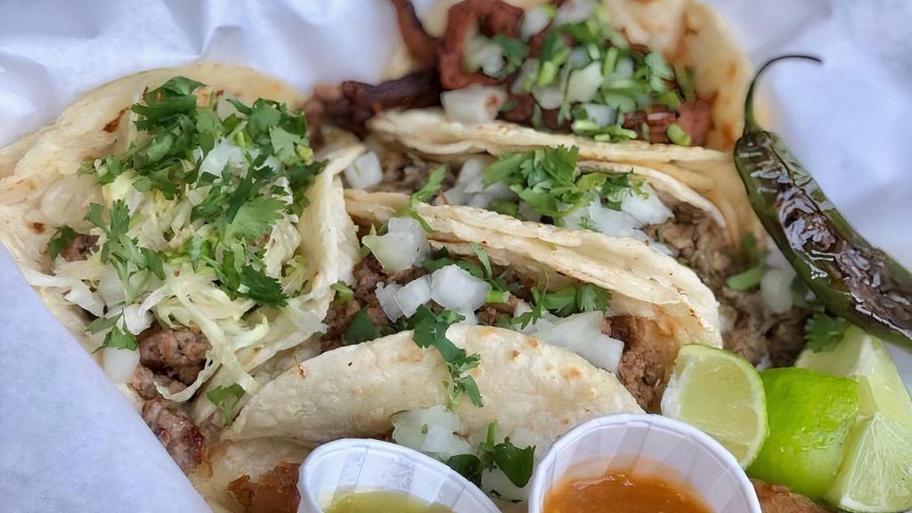 5 Street Tacos · Soft corn tortilla with your choice of meat, topped with cilantro and onion with a wedge of lime.