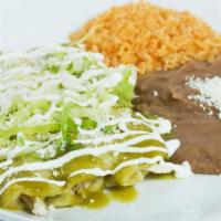 Green Enchilada Plate · Your choice of 3 enchiladas. Green sauce filled with chicken topped with lettuce, cheese, an...