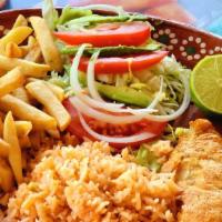 Milanesa De Pescado · Fried fish tilapia breaded with our secret recipe, served with Rice, Salad and Frech Fries