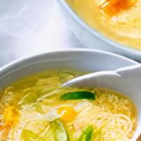 Egg Drop Soup · Soup that is made from beaten eggs and broth.