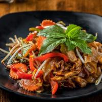 Pad Khee Mao Noodle · Hot & spicy. Stir fried wide rice noodle with fresh basil leaves, tomato, bell pepper, eggpl...