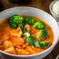 Panang Curry · Hot and spicy. Simmered panang curry paste and coconut milk with baby corn, carrot, broccoli...