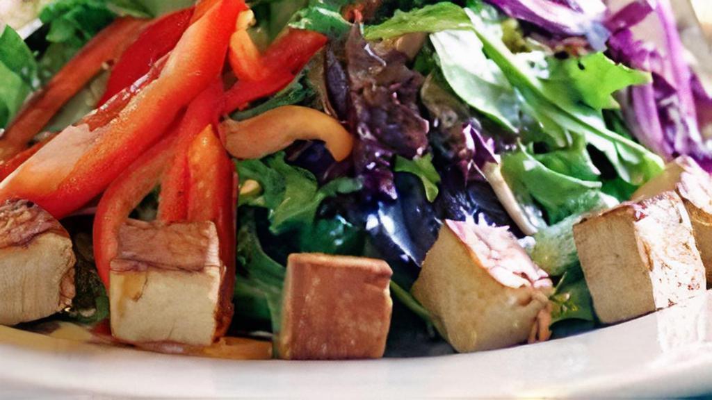 Spa Salad · organic spring greens | Rosewood organic tofu | beet | carrot red pepper | cucumber | edamame | toasted sunflower seeds cilantro scallions | toasted sesame vinaigrette (vegan, gluten-free)