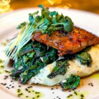 Miso Salmon · pan-seared sustainable Norwegian salmon | organic Yukon Gold garlic mashed potatoes | sautée...