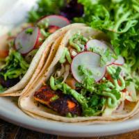Blackened Fish Tacos · mahi mahi | pico slaw | radish | cilantro-lime crème| organic spring greens | white balsamic...