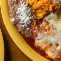 Enchiladas Suizas (4 Pieces) · Four rolled tortilla filled with your choice of meat and topped with cheese, red or green sa...