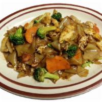 Pad See Ewe · Thick rice noodles pan-fried with carrots, broccoli, eggs and your choice of meat in a sweet...