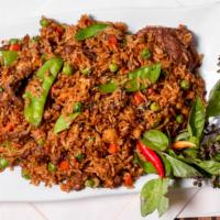 Basil Fried Rice · Choice of meat with egg, basil, peapods, peas and carrots topped with dry roasted garlic fla...