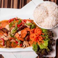Gang Panang · Basil, bell peppers, carrots and eggplants sautéed in coconut panang curry.