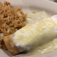 Pollo Fundido · Two deep-fried chicken burritos topped with sour cream, melted cheese. Served with rice.