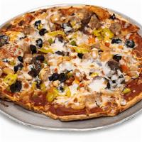 Jack'S Garbage Pizza · Pepperoncinis, sausage, onions,. mushrooms, black olives, bell peppers,. roasted garlic, pep...