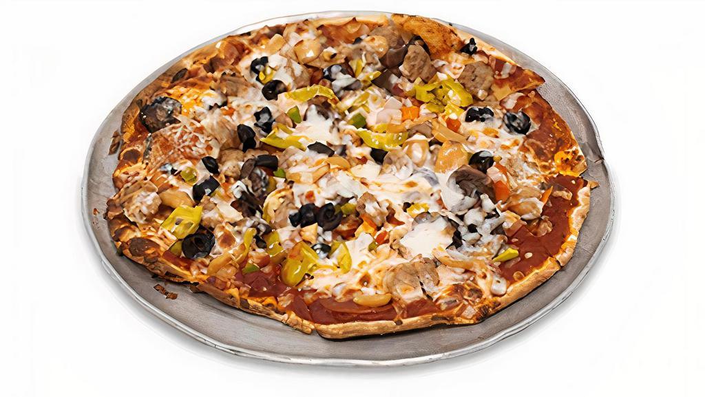 Jack'S Garbage Pizza · Pepperoncinis, sausage, onions,. mushrooms, black olives, bell peppers,. roasted garlic, pepperoni.