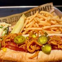 Hub Grilled Bologna Hoagie · Thin sliced grilled bologna on a hoagie roll topped with chile con queso, fried onions, and ...