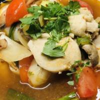 Tom Yum Soup · Gluten free. Mushroom, tomatoes, white onion, and cilantro lemongrass broth.
