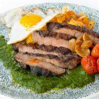 Steak + Eggs · Flank Steak, Garlic Confit, Chimichurri, Common Potato, Blistered Tomato