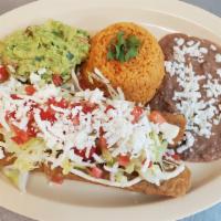 Flautas · 3 Flautas with your choice of meat topped with sour cream, lettuce, tomato, fresh cheese and...