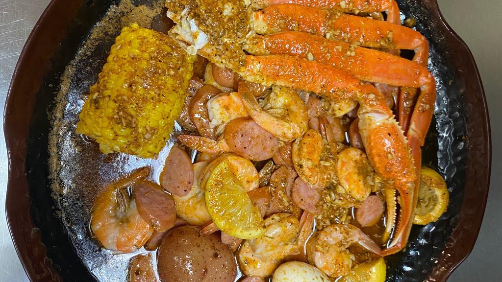 C1 · One-half pound snow crab legs, one-half pound shrimp (no head),  one-half pound  all-meat sausage, one  boiled egg, one corn, one  potato.