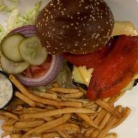 Black Bean Veggie Burger · A blend of Southwest spices, black beans, chipotle peppers, onions,tomatoes,green chilies an...
