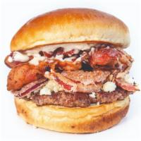 Black & Blue · Midwest Angus Beef, Blue Cheese Crumbles, Bacon, Fried Onion Strings, Mayo, Buttered & Toast...
