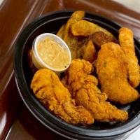 Chicken Tenders  · Four Hand breaded crispy Chicken tenders, Asiago JoJo fries, grill toast, one Chef Hot Hands...